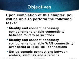 Objectives
        Upon completion of this chapter, you
        will be able to perform the following
        tasks:
          • Identify and connect necessary
            components to enable connectivity
            between routers or switches
          • Identify and connect necessary
            components to enable WAN connectivity
            over serial or ISDN BRI connections
          • Set up console connections between
            routers, switches and a terminal
© 2000, Cisco Systems, Inc.     www.cisco.com   ICND v1.0a—3-2
 
