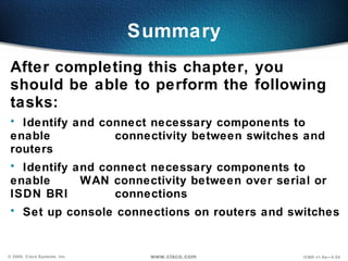 Summary
 After completing this chapter, you
 should be able to perform the following
 tasks:
 • Identify and connect necessary components to
 enable           connectivity between switches and
 routers
 • Identify and connect necessary components to
 enable      WAN connectivity between over serial or
 ISDN BRI         connections
 • Set up console connections on routers and switches


© 2000, Cisco Systems, Inc.    www.cisco.com   ICND v1.0a—3-24
 
