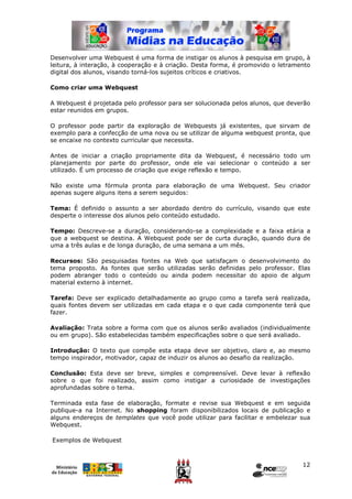 Desenvolver uma Webquest é uma forma de instigar os alunos à pesquisa em grupo, à
leitura, à interação, à cooperação e à criação. Desta forma, é promovido o letramento
digital dos alunos, visando torná-los sujeitos críticos e criativos.

Como criar uma Webquest

A Webquest é projetada pelo professor para ser solucionada pelos alunos, que deverão
estar reunidos em grupos.

O professor pode partir da exploração de Webquests já existentes, que sirvam de
exemplo para a confecção de uma nova ou se utilizar de alguma webquest pronta, que
se encaixe no contexto curricular que necessita.

Antes de iniciar a criação propriamente dita da Webquest, é necessário todo um
planejamento por parte do professor, onde ele vai selecionar o conteúdo a ser
utilizado. É um processo de criação que exige reflexão e tempo.

Não existe uma fórmula pronta para elaboração de uma Webquest. Seu criador
apenas sugere alguns itens a serem seguidos:

Tema: É definido o assunto a ser abordado dentro do currículo, visando que este
desperte o interesse dos alunos pelo conteúdo estudado.

Tempo: Descreve-se a duração, considerando-se a complexidade e a faixa etária a
que a webquest se destina. A Webquest pode ser de curta duração, quando dura de
uma a três aulas e de longa duração, de uma semana a um mês.

Recursos: São pesquisadas fontes na Web que satisfaçam o desenvolvimento do
tema proposto. As fontes que serão utilizadas serão definidas pelo professor. Elas
podem abranger todo o conteúdo ou ainda podem necessitar do apoio de algum
material externo à internet.

Tarefa: Deve ser explicado detalhadamente ao grupo como a tarefa será realizada,
quais fontes devem ser utilizadas em cada etapa e o que cada componente terá que
fazer.

Avaliação: Trata sobre a forma com que os alunos serão avaliados (individualmente
ou em grupo). São estabelecidas também especificações sobre o que será avaliado.

Introdução: O texto que compõe esta etapa deve ser objetivo, claro e, ao mesmo
tempo inspirador, motivador, capaz de induzir os alunos ao desafio da realização.

Conclusão: Esta deve ser breve, simples e compreensível. Deve levar à reflexão
sobre o que foi realizado, assim como instigar a curiosidade de investigações
aprofundadas sobre o tema.

Terminada esta fase de elaboração, formate e revise sua Webquest e em seguida
publique-a na Internet. No shopping foram disponibilizados locais de publicação e
alguns endereços de templates que você pode utilizar para facilitar e embelezar sua
Webquest.

Exemplos de Webquest



                                                                                  12
 