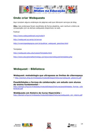 Onde criar Webquests
Aqui constam alguns endereços de páginas web que oferecem serviços de blog.

Obs.: tais endereços foram escolhidos de forma aleatória, sem nenhum critério de
comparação com as demais webquests disponíveis na web.

Publicar

http://www.webquestbrasil.org/node/4

http://webquest.sp.senac.br/enviar

http://vivenciapedagogica.com.br/publicar_webquest_geocities.html


Templates

http://webquest.sdsu.edu/LessonTemplate.html

http://www.educationaltechnology.ca/resources/webquest/templates.php




Webquest - Biblioteca

Webquest: metodologia que ultrapassa os limites do ciberespaço
- http://penta3.ufrgs.br/midiasedu/modulo8/etapa3/leituras/webquest_giliancris.pdf

Possibilidades e formas de colaboração: um estudo com alunos
do ensino fundamental -
http://penta3.ufrgs.br/midiasedu/modulo8/etapa3/leituras/possibilidades_formas_cola
boracao.pdf

WebQuests em Roteiro de Curso Hipermídia -
http://penta3.ufrgs.br/midiasedu/modulo8/etapa3/leituras/webquests_em_roteiro.pdf




                                                                                   14
 