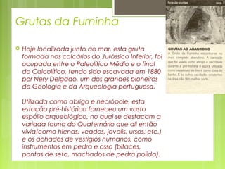 Grutas da Furninha
 Hoje localizada junto ao mar, esta gruta
formada nos calcários do Jurássico Inferior, foi
ocupada entre o Paleolítico Médio e o final
do Calcolítico, tendo sido escavada em 1880
por Nery Delgado, um dos grandes pioneiros
da Geologia e da Arqueologia portuguesa.
Utilizada como abrigo e necrópole, esta
estação pré-histórica forneceu um vasto
espólio arqueológico, no qual se destacam a
variada fauna do Quaternário que ali então
vivia(como hienas, veados, javalis, ursos, etc.)
e os achados de vestígios humanos, como
instrumentos em pedra e osso (bifaces,
pontas de seta, machados de pedra polida).
 