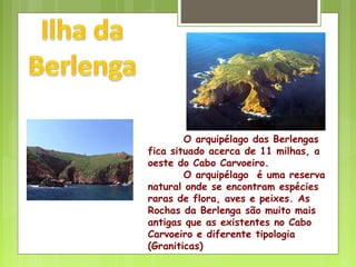 O arquipélago das Berlengas
fica situado acerca de 11 milhas, a
oeste do Cabo Carvoeiro.
O arquipélago é uma reserva
natural onde se encontram espécies
raras de flora, aves e peixes. As
Rochas da Berlenga são muito mais
antigas que as existentes no Cabo
Carvoeiro e diferente tipologia
(Graniticas)
 