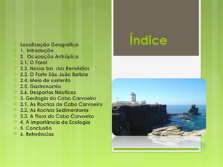 Índice Localização Geográfica
 1. Introdução
 2. Ocupação Antrópica
 2.1. O Farol
 2.2. Nossa Sra. dos Remédios
 2.3. O Forte São João Batista
 2.4. Meio de sustento
 2.5. Gastronomia
 2.6. Desportos Náuticos
 3. Geologia do Cabo Carvoeiro
 3.1. As Rochas do Cabo Carvoeiro
 3.2. As Rochas Sedimentares
 3.3. A Flora do Cabo Carvoeiro
 4. A importância da Ecologia
 5. Conclusão
 6. Referências
 