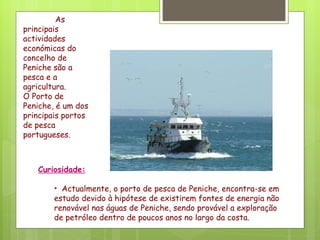 As principais actividades económicas do concelho de Peniche são a pesca e a agricultura.  O Porto de Peniche, é um dos principais portos de pesca portugueses. Curiosidade: Actualmente, o porto de pesca de Peniche, encontra-se em estudo devido à hipótese de existirem fontes de energia não renovável nas águas de Peniche, sendo provável a exploração de petróleo dentro de poucos anos no largo da costa. 