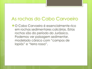 As rochas do Cabo Carvoeiro O Cabo Carvoeiro é essencialmente rico em rochas sedimentares calcárias. Estas rochas são do período do Jurássico. Podemos ver paisagem sedimentar, modelado cársico com “campos de lapiás” e “terra rossa”. 