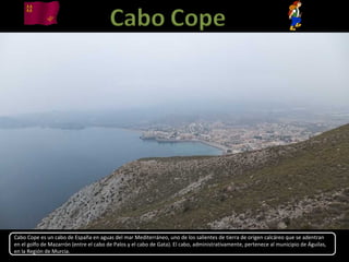 Cabo Cope es un cabo de España en aguas del mar Mediterráneo, uno de los salientes de tierra de origen calcáreo que se adentran
en el golfo de Mazarrón (entre el cabo de Palos y el cabo de Gata). El cabo, administrativamente, pertenece al municipio de Águilas,
en la Región de Murcia.
 