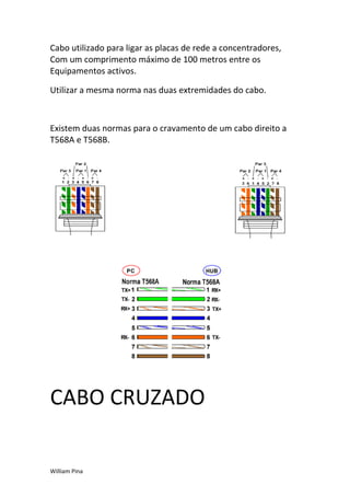 Cabo utilizado para ligar as placas de rede a concentradores,
Com um comprimento máximo de 100 metros entre os
Equipamentos activos.

Utilizar a mesma norma nas duas extremidades do cabo.



Existem duas normas para o cravamento de um cabo direito a
T568A e T568B.




CABO CRUZADO

William Pina
 