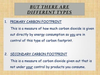 BUT THERE ARE
DIFFERENT TYPES
1. PRIMARY CARBON FOOTPRINT
This is a measure of how much carbon dioxide is given
out directly by energy consumption so you are in
control of this type of carbon footprint.
2. SECONDARY CARBON FOOTPRINT
This is a measure of carbon dioxide given out that is
not under your control by products you consume.
by Sara Gandey (2010)
 