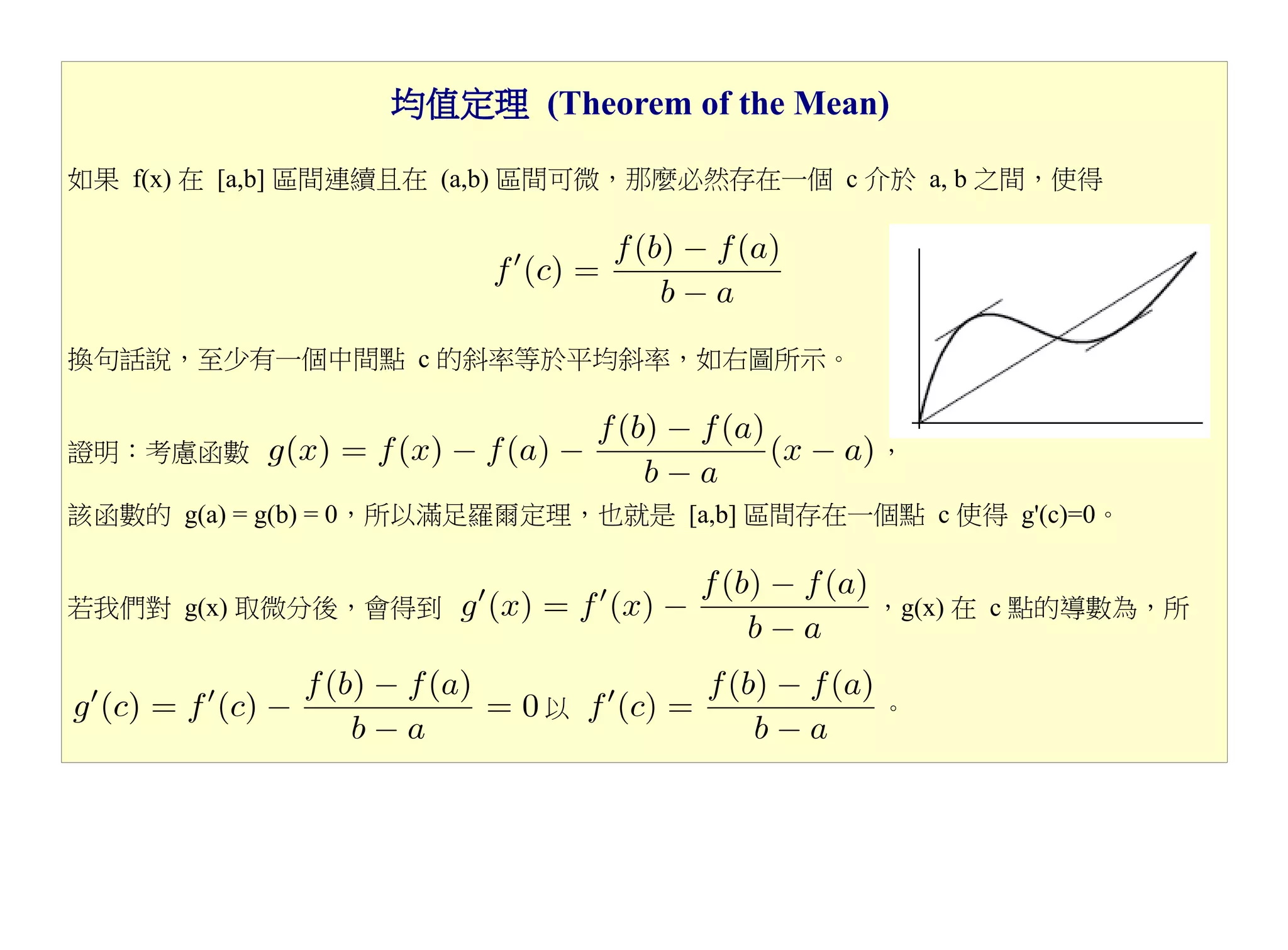均值定理 (Theorem of the Mean)

如果 f(x) 在 [a,b] 區間連續且在 (a,b) 區間可微，那麼必然存在一個 c 介於 a, b 之間，使得




換句話說，至少有一個中間點 c 的斜率等於平均斜率，如右圖所示。


證明：考慮函數                                       ，

該函數的 g(a) = g(b) = 0，所以滿足羅爾定理，也就是 [a,b] 區間存在一個點 c 使得 g'(c)=0。


若我們對 g(x) 取微分後，會得到                            ，g(x) 在 c 點的導數為，所


                           以                   。
 