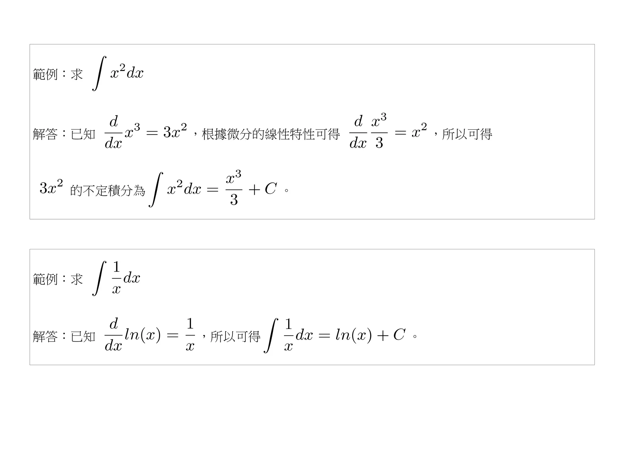 範例：求



解答：已知      ，根據微分的線性特性可得       ，所以可得



  的不定積分為           。




範例：求



解答：已知      ，所以可得          。
 
