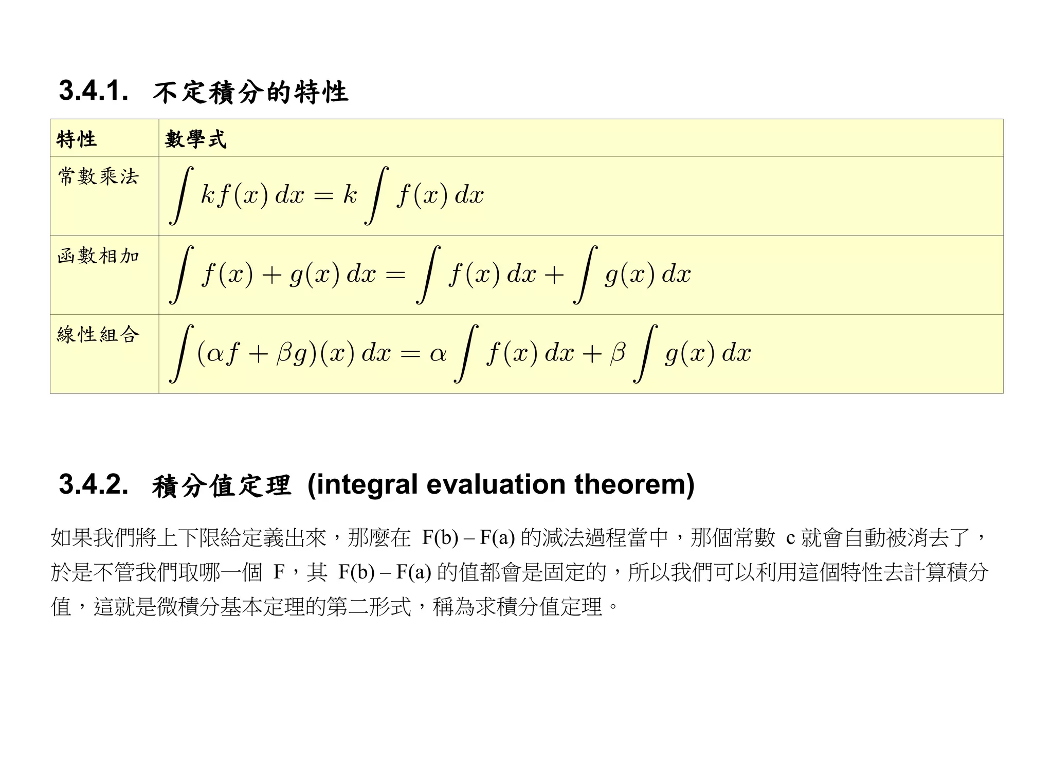 3.4.1. 不定積分的特性
特性     數學式
常數乘法


函數相加


線性組合




3.4.2. 積分值定理 (integral evaluation theorem)
如果我們將上下限給定義出來，那麼在 F(b) – F(a) 的減法過程當中，那個常數 c 就會自動被消去了，
於是不管我們取哪一個 F，其 F(b) – F(a) 的值都會是固定的，所以我們可以利用這個特性去計算積分
值，這就是微積分基本定理的第二形式，稱為求積分值定理。
 