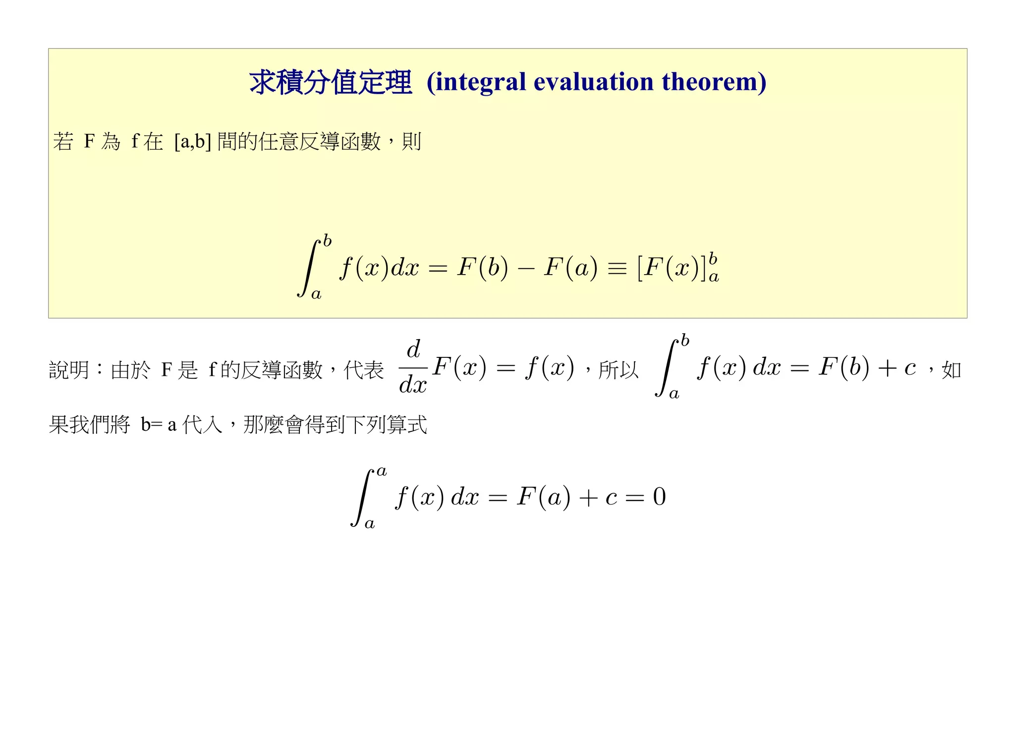 求積分值定理 (integral evaluation theorem)

若 F 為 f 在 [a,b] 間的任意反導函數，則




說明：由於 F 是 f 的反導函數，代表               ，所以              ，如

果我們將 b= a 代入，那麼會得到下列算式
 