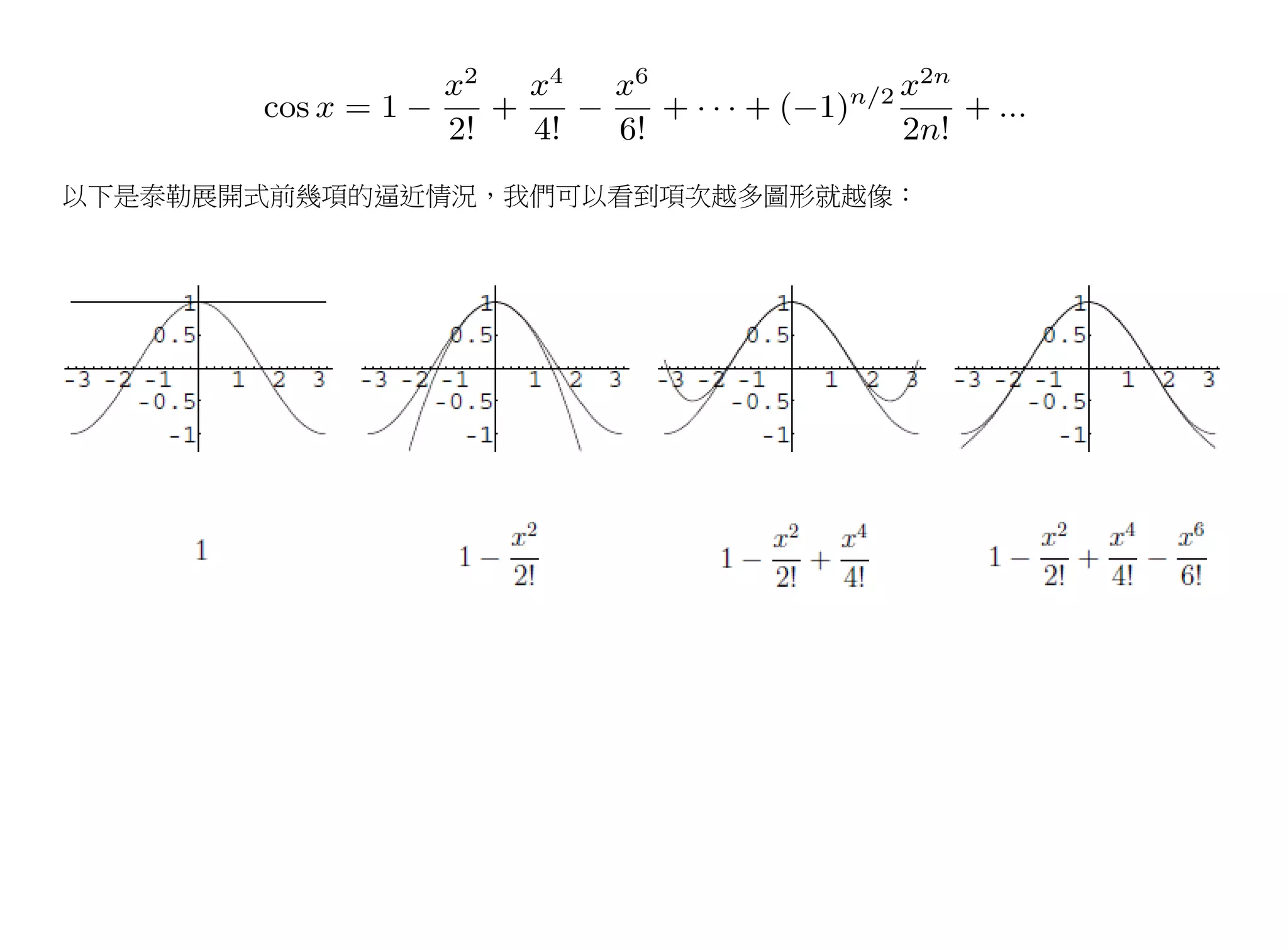以下是泰勒展開式前幾項的逼近情況，我們可以看到項次越多圖形就越像：
 