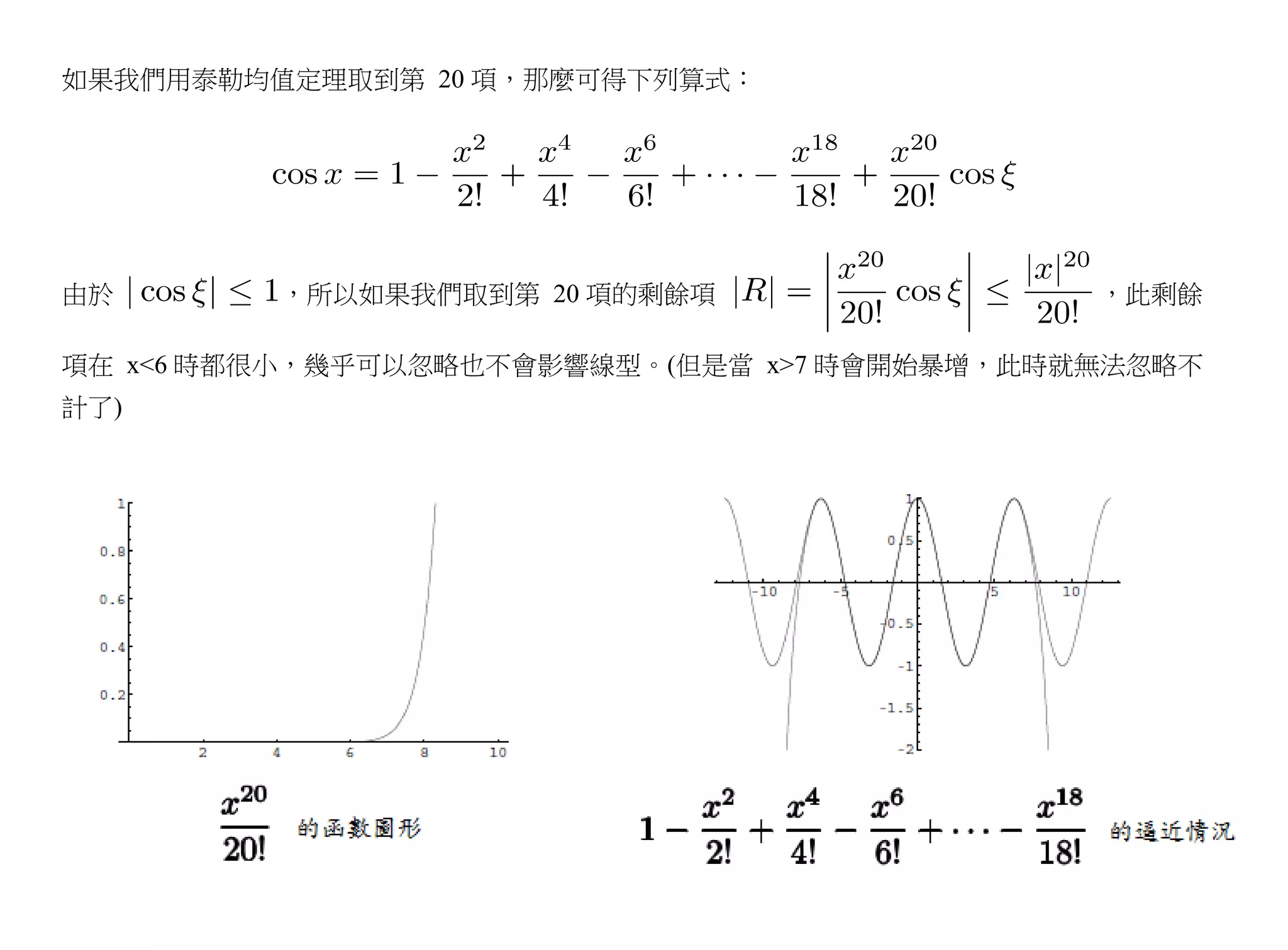 如果我們用泰勒均值定理取到第 20 項，那麼可得下列算式：




由於       ，所以如果我們取到第 20 項的剩餘項                 ，此剩餘

項在 x<6 時都很小，幾乎可以忽略也不會影響線型。(但是當 x>7 時會開始暴增，此時就無法忽略不
計了)
 