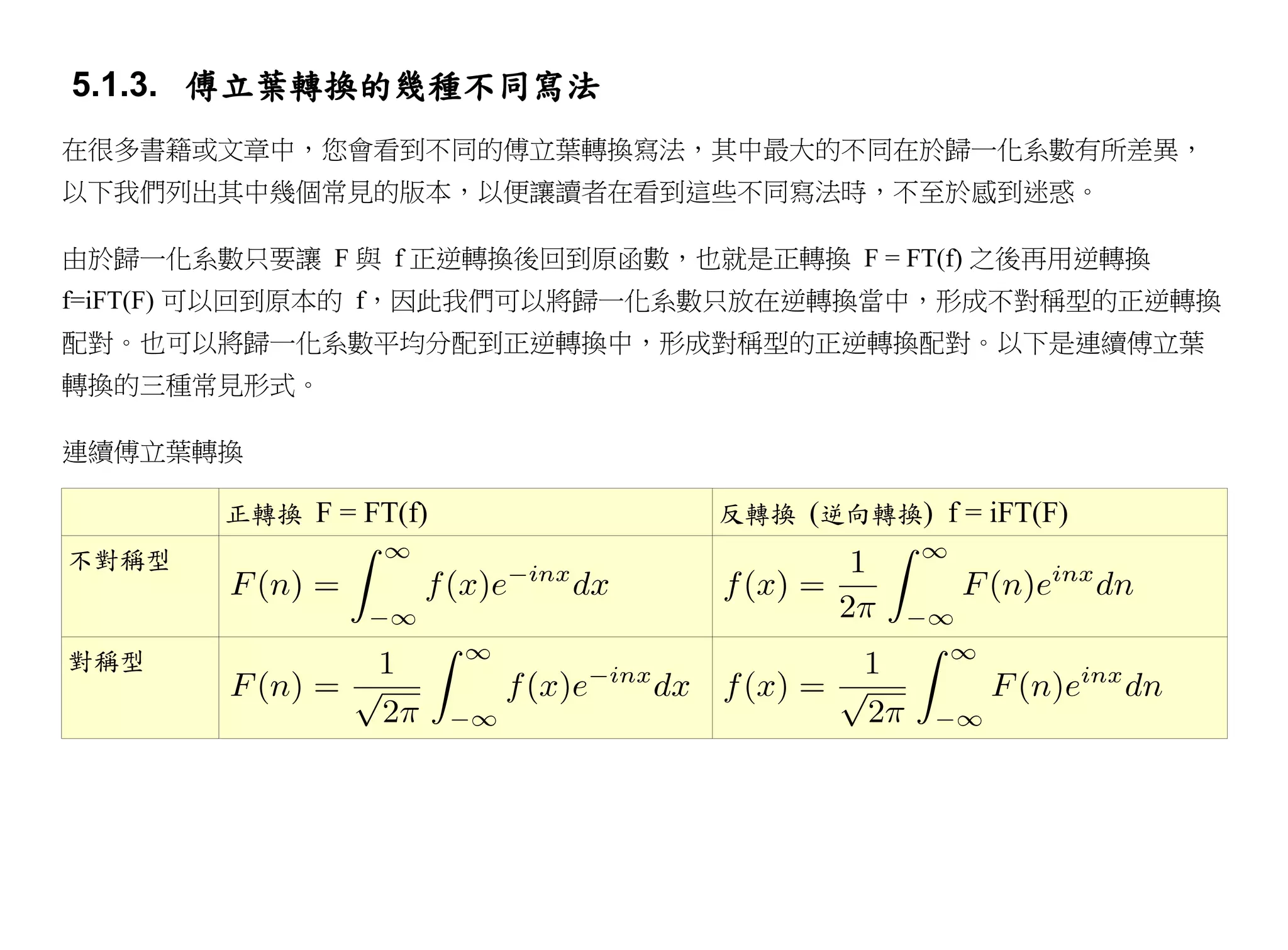5.1.3. 傅立葉轉換的幾種不同寫法
在很多書籍或文章中，您會看到不同的傅立葉轉換寫法，其中最大的不同在於歸一化系數有所差異，
以下我們列出其中幾個常見的版本，以便讓讀者在看到這些不同寫法時，不至於感到迷惑。

由於歸一化系數只要讓 F 與 f 正逆轉換後回到原函數，也就是正轉換 F = FT(f) 之後再用逆轉換
f=iFT(F) 可以回到原本的 f，因此我們可以將歸一化系數只放在逆轉換當中，形成不對稱型的正逆轉換
配對。也可以將歸一化系數平均分配到正逆轉換中，形成對稱型的正逆轉換配對。以下是連續傅立葉
轉換的三種常見形式。

連續傅立葉轉換

       正轉換 F = FT(f)           反轉換 (逆向轉換) f = iFT(F)
不對稱型


對稱型
 