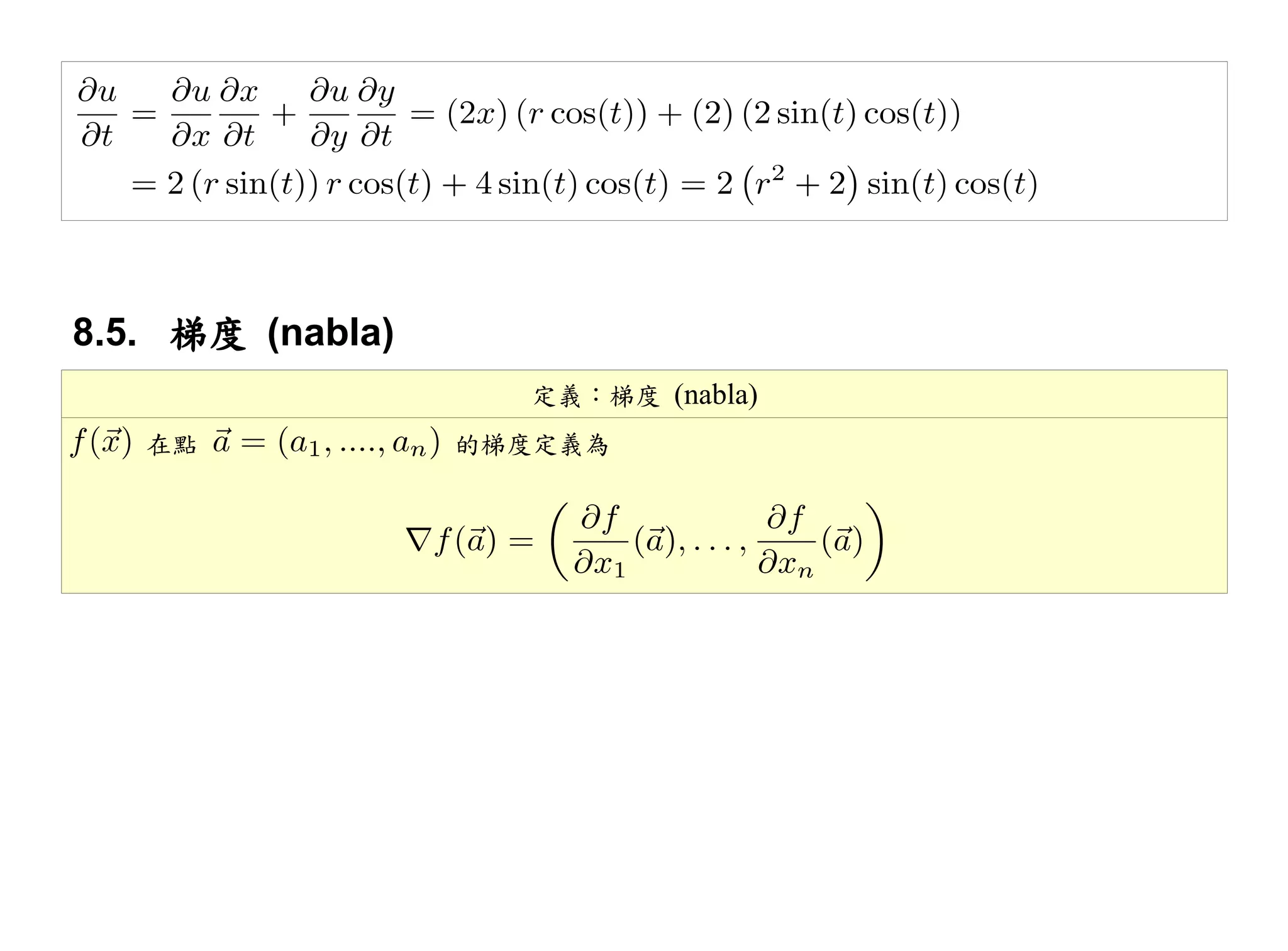 8.5. 梯度 (nabla)
                    定義：梯度 (nabla)
   在點             的梯度定義為
 