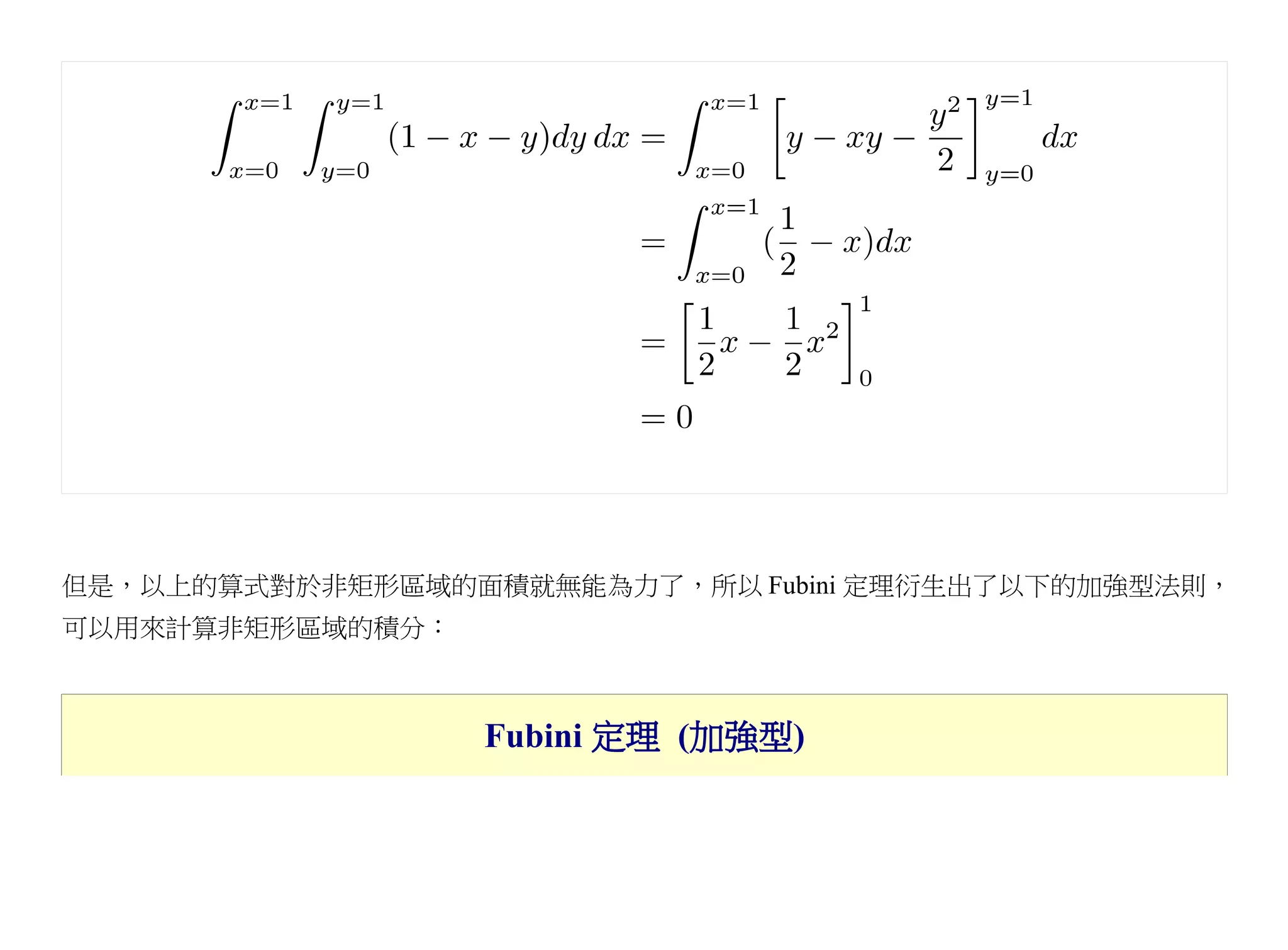 但是，以上的算式對於非矩形區域的面積就無能為力了，所以 Fubini 定理衍生出了以下的加強型法則，
可以用來計算非矩形區域的積分：



                  Fubini 定理 (加強型)
 