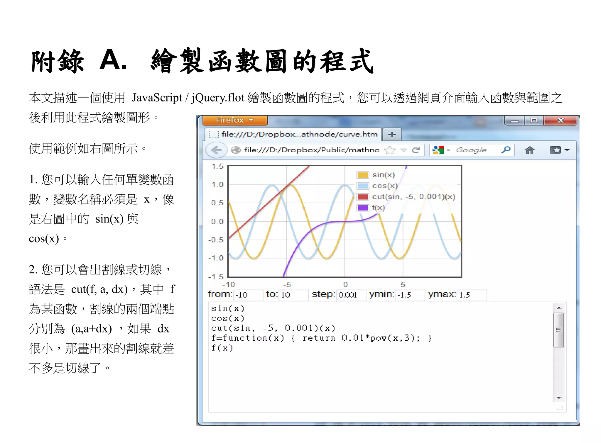 附錄 A. 繪製函數圖的程式
本文描述一個使用 JavaScript / jQuery.flot 繪製函數圖的程式，您可以透過網頁介面輸入函數與範圍之
後利用此程式繪製圖形。

使用範例如右圖所示。

1. 您可以輸入任何單變數函
數，變數名稱必須是 x，像
是右圖中的 sin(x) 與
cos(x)。

2. 您可以會出割線或切線，
語法是 cut(f, a, dx)，其中 f
為某函數，割線的兩個端點
分別為 (a,a+dx) ，如果 dx
很小，那畫出來的割線就差
不多是切線了。
 