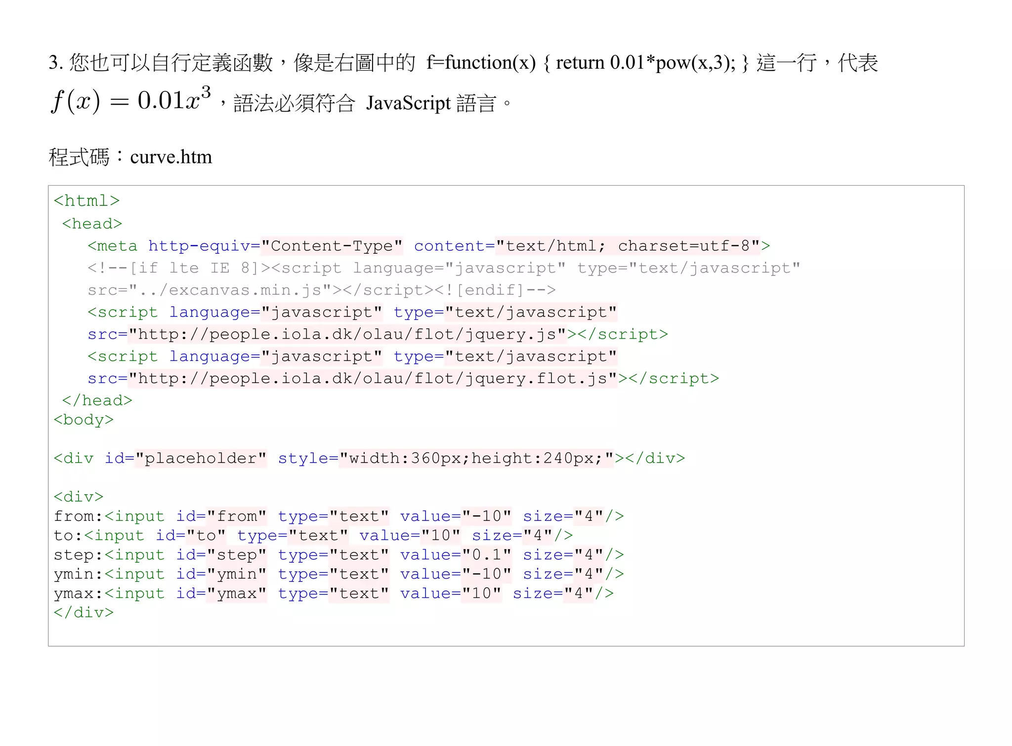 3. 您也可以自行定義函數，像是右圖中的 f=function(x) { return 0.01*pow(x,3); } 這一行，代表
                ，語法必須符合 JavaScript 語言。

程式碼：curve.htm

<html>
 <head>
    <meta http-equiv="Content-Type" content="text/html; charset=utf-8">
    <!--[if lte IE 8]><script language="javascript" type="text/javascript"
    src="../excanvas.min.js"></script><![endif]-->
    <script language="javascript" type="text/javascript"
    src="http://people.iola.dk/olau/flot/jquery.js"></script>
    <script language="javascript" type="text/javascript"
    src="http://people.iola.dk/olau/flot/jquery.flot.js"></script>
 </head>
<body>

<div id="placeholder" style="width:360px;height:240px;"></div>

<div>
from:<input id="from" type="text" value="-10" size="4"/>
to:<input id="to" type="text" value="10" size="4"/>
step:<input id="step" type="text" value="0.1" size="4"/>
ymin:<input id="ymin" type="text" value="-10" size="4"/>
ymax:<input id="ymax" type="text" value="10" size="4"/>
</div>
 