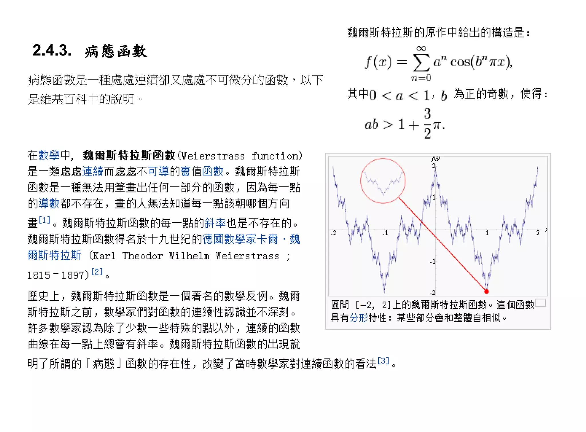2.4.3. 病態函數
病態函數是一種處處連續卻又處處不可微分的函數，以下
是維基百科中的說明。
 