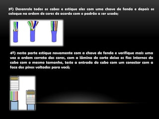 3º) Desenrole todos os cabos e estique eles com uma chave de fenda e depois os coloque na ordem de cores de acordo com o padrão a ser usado;4º) nesta parte estique novamente com a chave de fenda e verifique mais uma vez a ordem correta das cores, com a lâmina de corte deixe os fios internos do cabo com o mesmo tamanho, teste a entrada do cabo com um conector com a face dos pinos voltados para você;