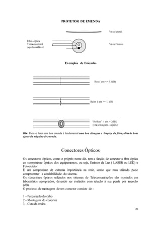 20
PROTETOR DE EMENDA
Vista lateral
Fibra óptica
Termocontrátil Vista Frontal
Aço Inoxidável
Exemplos de Emendas
Boa ( atn <= 0.1dB)
Ruim ( atn >= 1. dB)
“Bolhas” ( atn = 2dB )
( má clivagem, sujeira)
Obs: Para se fazer uma boa emenda é fundamental uma boa clivagem e limpeza da fibra, além do bom
ajuste da máquina de emenda.
Conectores Ópticos
Os conectores ópticos, como o próprio nome diz, tem a função de conectar a fibra óptica
ao componente ópticos dos equipamentos, ou seja, Emissor de Luz ( LASER ou LED) e
Fotodetetor.
É um componente de extrema importância na rede, sendo que mau utilizado pode
comprometer a confiabilidade do sistema.
Os conectores ópticos utilizados nos sistemas de Telecomunicações são montados em
laboratórios apropriados, devendo ser avaliados com relação à sua perda por inserção
(dB).
O processo de montagem de um conector consiste de :
1 - Preparação do cabo
2 - Montagem do conector
3 - Cura da resina
 