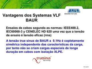 TN 04-09
Vantagens dos Systemas VLF
BAUR
Ensaios de cabos segundo as normas: IEEE400.2,
IEC60060-3 y CENELEC HD 620 uma vez que a tensão
de ensaio é tensão eficaz (rms)
A tensão true sinus de BAUR a 0,1Hz é copletamente
simétrica independente das características da carga,
por tanto não se criam cargas espaciais de longa
duração em cabos com isolação XLPE.
 