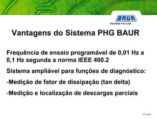 TN 04-09
Vantagens do Sistema PHG BAUR
Frequência de ensaio programável de 0,01 Hz a
0,1 Hz segunda a norma IEEE 400.2
Sistema ampliável para funções de diagnóstico:
-Medição de fator de dissipação (tan delta)
-Medição e localização de descargas parciais
 