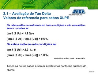TN 04-09
2.1 – Avaliação de Tan Delta
Valores de referencia para cabos XLPE
Os cabos estão normalmente em boas condições e não necessitam
serem trocados se:
tan δ (2 Uo) < 1.2 ‰ e
[tan δ (2 Uo) - tan δ (Uo)] < 0,6 ‰
Os cabos estão em más condições se:
tan δ (2 Uo) > 2.2 ‰ o
[tan δ (2 Uo) - tan δ (Uo)] > 1,0 ‰
Todos os outros cabos a serem substituídos conforme critérios do
cliente
Referencia: EWE, conf. La IEEE400
 