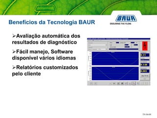 TN 04-09
Benefícios da Tecnologia BAUR
Avaliação automática dos
resultados de diagnóstico
Fácil manejo, Software
disponível vários idiomas
Relatórios customizados
pelo cliente
 