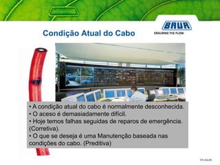 TN 04-09
Condição Atual do Cabo
• A condição atual do cabo é normalmente desconhecida.
• O aceso é demasiadamente difícil.
• Hoje temos falhas seguidas de reparos de emergência.
(Corretiva).
• O que se deseja é uma Manutenção baseada nas
condições do cabo. (Preditiva)
 