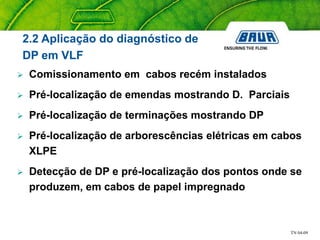 TN 04-09
2.2 Aplicação do diagnóstico de
DP em VLF
 Comissionamento em cabos recém instalados
 Pré-localização de emendas mostrando D. Parciais
 Pré-localização de terminações mostrando DP
 Pré-localização de arborescências elétricas em cabos
XLPE
 Detecção de DP e pré-localização dos pontos onde se
produzem, em cabos de papel impregnado
 