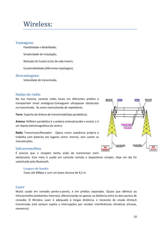 Wireless:

Vantagens:
      Flexibilidade e Mobilidade;

      Simplicidade de Instalação;

      Redução de Custos (ciclo de vida maior);

      Escalonabilidade (diferentes topologias);

Desvantagens:
      Velocidade de transmissão.



Ondas de rádio
Na sua maioria, conecta redes locais em diferentes prédios e
transportam sinais analógicos.Conseguem ultrapassar obstáculos
na transmissão. Às vezes necessitando de repetidores.

Torre: Suporte da Antena de transmissão(tipo parabólica);

Antena: Refletor parabólico é a própria antena(recebe e envia), e é
um dipolo eletromagnético do centro;

Rádio Transmissor/Receptor: Opera numa seqüência própria e
trabalha com baterias em lugares como: morros, sem contar as
manutenções.

Infravermelhos
É preciso que o receptor tenha visão do transmissor (sem
obstáculos). Este meio é usado em controlo remoto e dispositivos simples. Hoje em dia foi
substituído pelo Bluetooth.

      Largura de banda:
      Taxas até 4Mbps e com um baixo alcance de 4,5 m.



Laser
Muito usado em conexão ponto-a-ponto, e em prédios separados. Quase que idêntico ao
Infravermelho (ambientes internos), diferenciando-se apenas na distância entre os dois pontos de
conexão; O Wireless Laser é adequado à longas distância, e necessita de visada direta;A
transmissão está sempre sujeita a interrupções por receber interferências climáticas (chuvas,
nevoeiros).

                                                                                             10
 