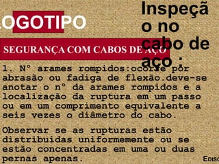 SEGURANÇA COM CABOS DE AÇO
LOGOTIPO
EDISO
1. Nº arames rompidos:ocorre por
abrasão ou fadiga de flexão.deve-se
anotar o nº da arames rompidos e a
localização da ruptura em um passo
ou em um comprimento equivalente a
seis vezes o diâmetro do cabo.
Observar se as rupturas estão
distribuídas uniformemente ou se
estão concentradas em uma ou duas
pernas apenas.
Inspeçã
o no
cabo de
aço :
 