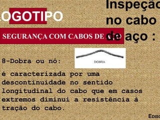 SEGURANÇA COM CABOS DE AÇO
LOGOTIPO
EDISO
Inspeção
no cabo
de aço :
8-Dobra ou nó:
é caracterizada por uma
descontinuidade no sentido
longitudinal do cabo que em casos
extremos diminui a resistência à
tração do cabo.
 