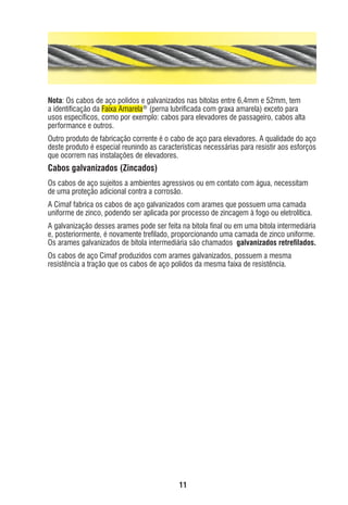 Nota: Os cabos de aço polidos e galvanizados nas bitolas entre 6,4mm e 52mm, tem
a identiﬁcação da Faixa Amarela® (perna lubriﬁcada com graxa amarela) exceto para
usos especíﬁcos, como por exemplo: cabos para elevadores de passageiro, cabos alta
performance e outros.
Outro produto de fabricação corrente é o cabo de aço para elevadores. A qualidade do aço
deste produto é especial reunindo as características necessárias para resistir aos esforços
que ocorrem nas instalações de elevadores.

Cabos galvanizados (Zincados)
Os cabos de aço sujeitos a ambientes agressivos ou em contato com água, necessitam
de uma proteção adicional contra a corrosão.
A Cimaf fabrica os cabos de aço galvanizados com arames que possuem uma camada
uniforme de zinco, podendo ser aplicada por processo de zincagem à fogo ou eletrolítica.
A galvanização desses arames pode ser feita na bitola ﬁnal ou em uma bitola intermediária
e, posteriormente, é novamente treﬁlado, proporcionando uma camada de zinco uniforme.
Os arames galvanizados de bitola intermediária são chamados galvanizados retreﬁlados.
Os cabos de aço Cimaf produzidos com arames galvanizados, possuem a mesma
resistência a tração que os cabos de aço polidos da mesma faixa de resistência.

11

ec rev3 2010.indb 11

15/08/12 10:3

 