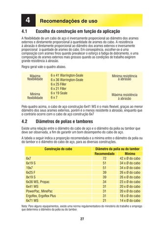4
4.1

Recomendações de uso
Escolha da construção em função da aplicação

A ﬂexibilidade de um cabo de aço é inversamente proporcional ao diâmetro dos arames
externos e diretamente proporcional à quantidade de arames do cabo. A resistência
à abrasão é diretamente proporcional ao diâmetro dos arames externos e inversamente
proporcional à quantiade de arames do cabo. Em conseqüência, escolher-se-á uma
composição com arames ﬁnos quando prevalecer o esforço à fadiga de dobramento, e uma
composição de arames externos mais grossos quando as condições de trabalho exigirem
grande resistência à abrasão.
Regra geral vale o quadro abaixo.
Máxima
ﬂexibilidade

Mínima
ﬂexibilidade

6 x 41 Warrington-Seale
6 x 36 Warrington-Seale
6 x 25 Filler
6 x 21 Filler
6 x 19 Seale
6x7

Mínima resistência
à abrasão

Máxima resistência
à abrasão

Pelo quadro acima, o cabo de aço construção 6x41 WS é o mais ﬂexível, graças ao menor
diâmetro dos seus arames externos, porém é o menos resistente à abrasão, enquanto que
o contrário ocorre com o cabo de aço construção 6x7

4.2

Diâmetros de polias e tambores

Existe uma relação entre o diâmetro do cabo de aço e o diâmetro da polia ou tambor que
deve ser observada, a ﬁm de garantir um bom desempenho do cabo de aço.
A tabela a seguir indica a proporção recomendada e a mínima entre o diâmetro da polia ou
do tambor e o diâmetro do cabo de aço, para as diversas construções.
Construção do cabo

Diâmetro da polia ou do tambor
Recomendado
Mínimo
72
42 x Ø do cabo
51
34 x Ø do cabo
51
34 x Ø do cabo
39
26 x Ø do cabo
39
26 x Ø do cabo
34
23 x Ø do cabo
31
20 x Ø do cabo
31
20 x Ø do cabo
31
18 x Ø do cabo
21
14 x Ø do cabo

6x7
6x19 S
19x7
6x25 F
8x19 S
6x36 WS, Propac
6x41 WS
PowerPac, MinePac
Ergoﬂex, Ergoﬂex Plus
6x71 WS

Nota: Para alguns equipamentos, existe uma norma regulamentadora do minstério do trabalho e emprego
que determina o diâmetro da polia ou do tambor.

27

ec rev3 2010.indb 27

15/08/12 10:3

 