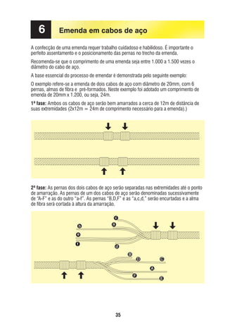 6

Emenda em cabos de aço

A confecção de uma emenda requer trabalho cuidadoso e habilidoso. É importante o
perfeito assentamento e o posicionamento das pernas no trecho da emenda.
Recomenda-se que o comprimento de uma emenda seja entre 1.000 a 1.500 vezes o
diâmetro do cabo de aço.
A base essencial do processo de emendar é demonstrada pelo seguinte exemplo:
O exemplo refere-se a emenda de dois cabos de aço com diâmetro de 20mm, com 6
pernas, almas de ﬁbra e pré-formados. Neste exemplo foi adotado um comprimento de
emenda de 20mm x 1.200, ou seja, 24m.
1ª fase: Ambos os cabos de aço serão bem amarrados a cerca de 12m de distância de
suas extremidades (2x12m = 24m de comprimento necessário para a emenda).)

2ª fase: As pernas dos dois cabos de aço serão separadas nas extremidades até o ponto
de amarração. As pernas de um dos cabos de aço serão denominadas sucessivamente
de “A-F” e as do outro “a-f”. As pernas “B,D,F” e as “a,c,d,” serão encurtadas e a alma
de ﬁbra será cortada à altura da amarração.
c
b

a

e
f

d
B

C

D
A
F

E

35

ec rev3 2010.indb 35

15/08/12 10:3

 