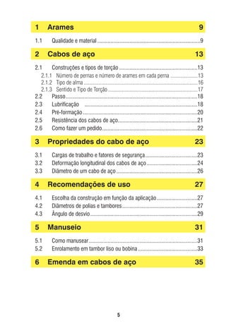 1
1.1

2

Arames

9

Qualidade e material .......................................................................9

Cabos de aço

13

2.1
Construções e tipos de torção ......................................................13
2.1.1 Número de pernas e número de arames em cada perna ....................13
2.1.2 Tipo de alma ....................................................................................16
2.1.3 Sentido e Tipo de Torção ..................................................................17
2.2
Passo ...........................................................................................18
2.3
Lubriﬁcação ..............................................................................18
2.4
Pré-formação ...............................................................................20
2.5
Resistência dos cabos de aço.......................................................21
2.6
Como fazer um pedido..................................................................22

3
3.1
3.2
3.3

4
4.1
4.2
4.3

5
5.1
5.2

6

Propriedades do cabo de aço

23

Cargas de trabalho e fatores de segurança ....................................23
Deformação longitudinal dos cabos de aço ...................................24
Diâmetro de um cabo de aço ........................................................26

Recomendações de uso

27

Escolha da construção em função da aplicação ............................27
Diâmetros de polias e tambores ....................................................27
Ângulo de desvio ..........................................................................29

Manuseio

31

Como manusear ...........................................................................31
Enrolamento em tambor liso ou bobina .........................................33

Emenda em cabos de aço

35

5

ec rev3 2010.indb 5

15/08/12 10:3

 