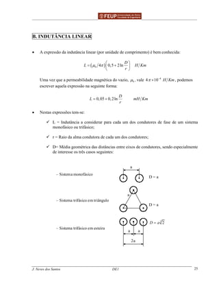 ______________________________________________ _______________________________________
J. Neves dos Santos DE1 25
B. INDUTÂNCIA LINEAR
• A expressão da indutância linear (por unidade de comprimento) é bem conhecida:
( )0 4 0,5 2ln
D
L H Km
r
µ π
 
= + 
 
Uma vez que a permeabilidade magnética do vazio, 0µ , vale 4
4 10 H Kmπ −
× , podemos
escrever aquela expressão na seguinte forma:
0,05 0,2ln
D
L mH Km
r
= +
• Nestas expressões tem-se:
L = Indutância a considerar para cada um dos condutores de fase de um sistema
monofásico ou trifásico;
r = Raio da alma condutora de cada um dos condutores;
D= Média geométrica das distâncias entre eixos de condutores, sendo especialmente
de interesse os três casos seguintes:
– Sistema monofásico
– Sistema trifásico em triângulo
– Sistema trifásico em esteira
a
D = a
D = a
a a
2a
3
2D a=
•
a
 