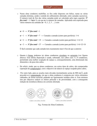 ______________________________________________ _______________________________________
J. Neves dos Santos DE1 9
o Numa alma condutora multifilar, os fios estão dispostos em hélice, numa ou várias
camadas distintas, sendo o sentido de cableamento alternado, entre camadas sucessivas.
O número total de fios das várias camadas pode ser calculado pela regra seguinte: Nº
fios total = 1+3n(n+1), em que n é o número de camadas. Aplicando esta expressão para
vários números de camadas (n = 0, 1, 2, 3 ….) vem:
n = 0 → Nº fios total = 1
n = 1 → Nº fios total = 7 → Camada a camada (centro para periferia): 1+6
n = 2 → Nº fios total = 19 → Camada a camada (centro para periferia): 1+6+12
n = 3 → Nº fios total = 37 → Camada a camada (centro para periferia): 1+6+12+18
É fácil constatar que cada camada tem exactamente mais 6 fios do que a anterior.
o Quanto à forma, podemos ter almas condutoras circulares ou sectoriais (ver figuras
abaixo). Esta última disposição é usada, sobretudo, nos cabos com 3 e 4 condutores,
permitindo uma melhor ocupação do espaço e, consequentemente, uma diminuição das
dimensões e do peso dos cabos.
o De referir, ainda, que as almas condutoras, em certos tipos de cabos, são compactadas
(operação de compactação), com o objectivo de reduzir ao espaço ocupado pelos cabos.
o Por outro lado, para as secções mais elevadas (normalmente acima de 800 mm2
), pode
proceder-se à segmentação, em que a alma condutora é composta por vários elementos
cableados, de forma sectorial, podendo ser ligeiramente isolados entre si. Esta estrutura
tem por objectivo reduzir os efeitos pelicular e de proximidade, com a consequente
redução da resistência óhmica em corrente alternada.
Fig.: Formas da Alma Condutora.
 