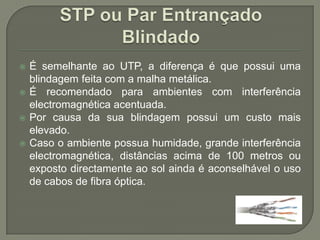STP ou Par Entrançado BlindadoÉ semelhante ao UTP, a diferença é que possui uma blindagem feita com a malha metálica. É recomendado para ambientes com interferência electromagnética acentuada. Por causa da sua blindagem possui um custo mais elevado. Caso o ambiente possua humidade, grande interferência electromagnética, distâncias acima de 100 metros ou exposto directamente ao sol ainda é aconselhável o uso de cabos de fibra óptica.
