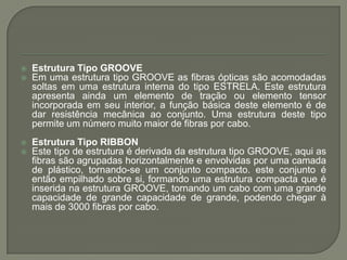Estrutura Tipo GROOVEEm uma estrutura tipo GROOVE as fibras ópticas são acomodadas soltas em uma estrutura interna do tipo ESTRELA. Este estrutura apresenta ainda um elemento de tração ou elemento tensor incorporada em seu interior, a função básica deste elemento é de dar resistência mecânica ao conjunto. Uma estrutura deste tipo permite um número muito maior de fibras por cabo.Estrutura Tipo RIBBONEste tipo de estrutura é derivada da estrutura tipo GROOVE, aqui as fibras são agrupadas horizontalmente e envolvidas por uma camada de plástico, tornando-se um conjunto compacto. este conjunto é então empilhado sobre si, formando uma estrutura compacta que é inserida na estrutura GROOVE, tornando um cabo com uma grande capacidade de grande capacidade de grande, podendo chegar à mais de 3000 fibras por cabo.