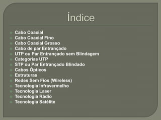 Índice Cabo CoaxialCabo Coaxial FinoCabo Coaxial GrossoCabo de par EntrançadoUTP ou Par Entrançado sem BlindagemCategorias UTPSTP ou Par Entrançado BlindadoCabos ÓpticosEstruturasRedes Sem Fios (Wireless)Tecnologia InfravermelhoTecnologia LaserTecnologia RádioTecnologia Satélite