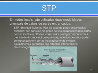 STPEm redes locais, são utilizadas duas modalidades principais de cabos de pares entrançados:STP, ShieldedTwiested-Pair ou cabo de pares entrançados blindado: que consiste em pares de fios entrançados revestidos por um invólucro plástico, com vista a proteger os condutores das interferências electromagnéticas; este tipo de cabos pode ser necessário em certas instalações onde existam equipamentos geradores das referidas interferências electromagnéticas (instalações fabris).10