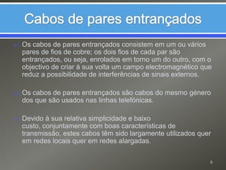 Cabos de pares entrançadosOs cabos de pares entrançados consistem em um ou vários pares de fios de cobre; os dois fios de cada par são entrançados, ou seja, enrolados em torno um do outro, com o objectivo de criar à sua volta um campo electromagnético que reduz a possibilidade de interferências de sinais externos.Os cabos de pares entrançados são cabos do mesmo género dos que são usados nas linhas telefónicas.Devido à sua relativa simplicidade e baixo custo, conjuntamente com boas características de transmissão, estes cabos têm sido largamente utilizados quer em redes locais quer em redes alargadas.8