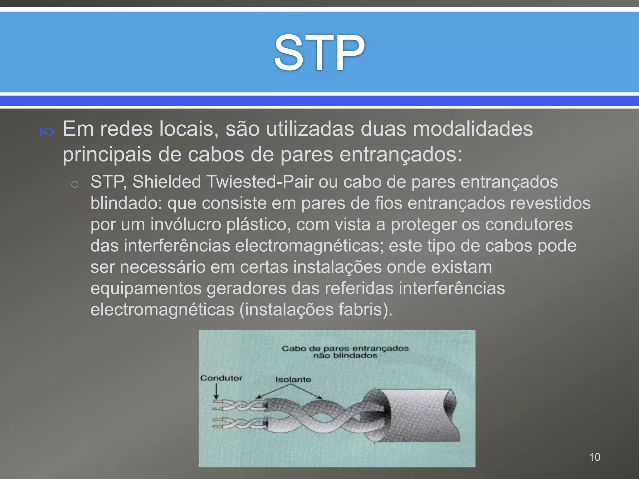 STPEm redes locais, são utilizadas duas modalidades principais de cabos de pares entrançados:STP, ShieldedTwiested-Pair ou cabo de pares entrançados blindado: que consiste em pares de fios entrançados revestidos por um invólucro plástico, com vista a proteger os condutores das interferências electromagnéticas; este tipo de cabos pode ser necessário em certas instalações onde existam equipamentos geradores das referidas interferências electromagnéticas (instalações fabris).10