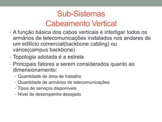 • A função básica dos cabos verticais é interligar todos os
armários de telecomunicações instalados nos andares de
um edifício comercial(backbone cabling) ou
vários(campus backbone)
• Topologia adotada é a estrela
• Principais fatores a serem considerados quanto ao
dimensionamento:
• Quantidade de área de trabalho
• Quantidade de armários de telecomunicações
• Tipos de serviços disponíveis
• Nível de desempenho desejado
Sub-Sistemas
Cabeamento Vertical
 