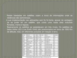 ⦿ Redes baseadas em satélites visam a troca de informações onde as
distâncias são estrondosas.
⦿ A sua implementação nas aplicações sem fio foi lenta, apesar da vantagem
de se poder ter um satélite, que cubra uma vasta área incluindo
florestas, mares e lagoas.
⦿ Basicamente os satélites se estabelecem em três níveis. Os satélites de
baixa órbita LEO (Low Earth Orbit) são posicionados em torno de 1000 Km
de altitude, mas, em diferentes posições em relação á terra.
 