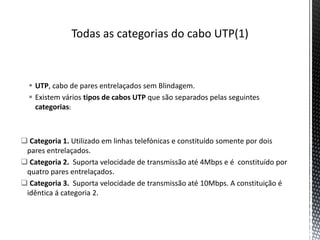 Todas as categorias do cabo UTP(1)UTP, cabo de pares entrelaçados sem Blindagem.Existem vários tipos de cabos UTP que são separados pelas seguintes categorias: Categoria 1. Utilizado em linhas telefónicas e constituído somente por dois pares entrelaçados.